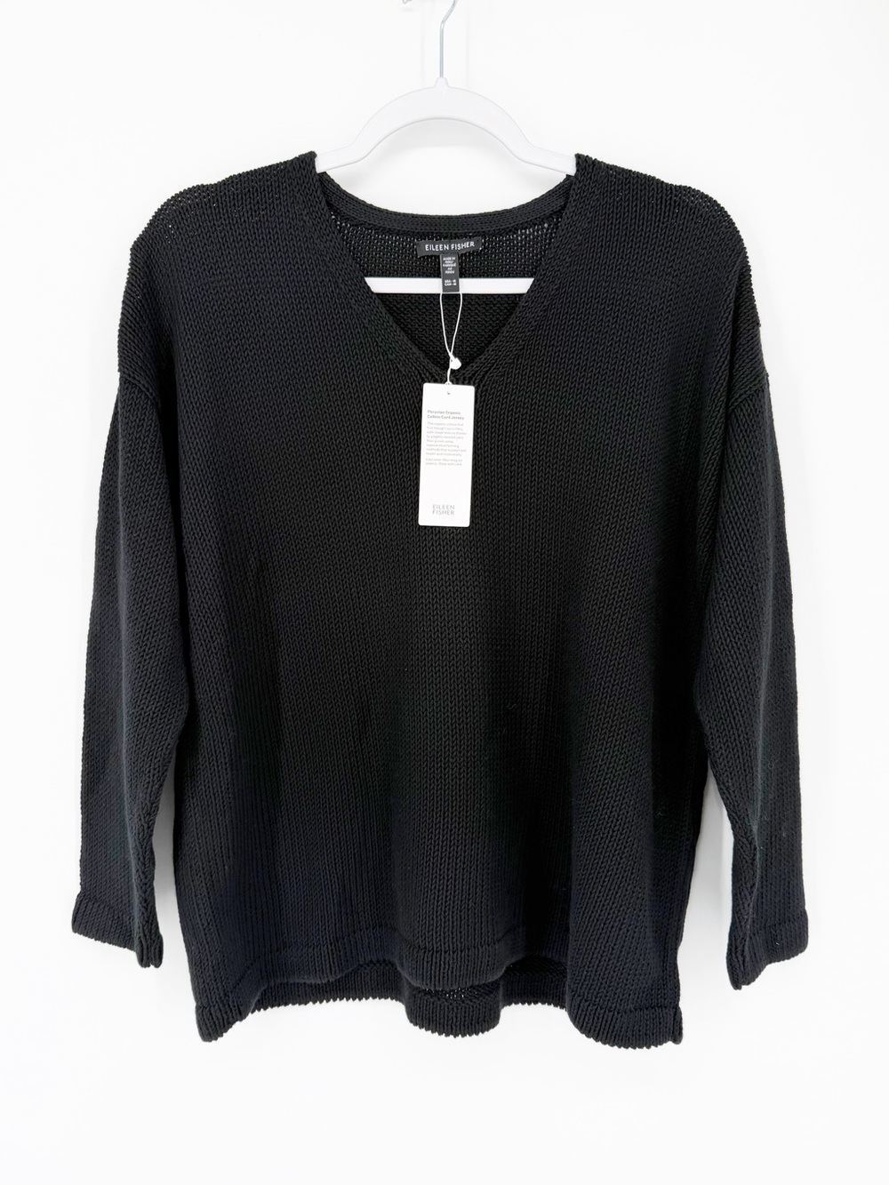 NWT Eileen Fisher Organic Cotton Open Knit Pullover V Neck Sweater Medium Black